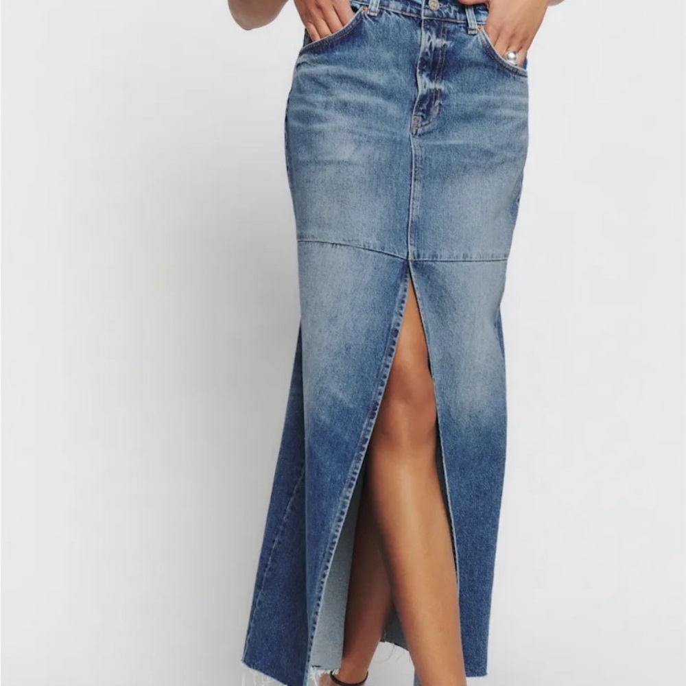 Reformation Blue Denim Maxi Skirt with Front Slit